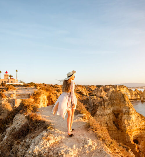 Ponta da Piedade cliffs in Lagos, Algarve at sunset — King’s Land Real Estate